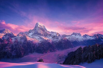 Canvas Bergtoppen in de paarse zon