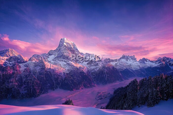 Canvas Bergtoppen in de paarse zon