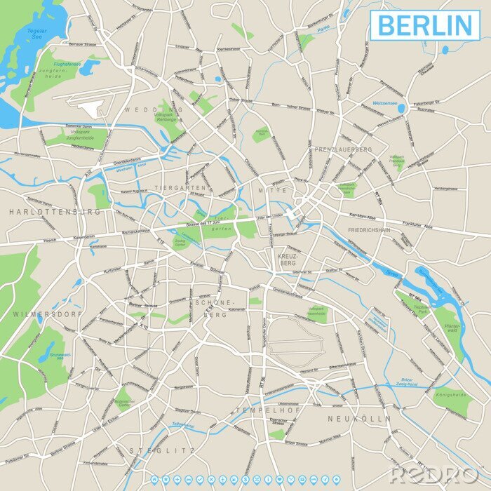 Canvas Berlin Kaart en navigatiepictogrammen zeer gedetailleerde vector straat kaart van Berlijn. Het is inclusief: - straten - parken - namen van onderdistricten - water object namen