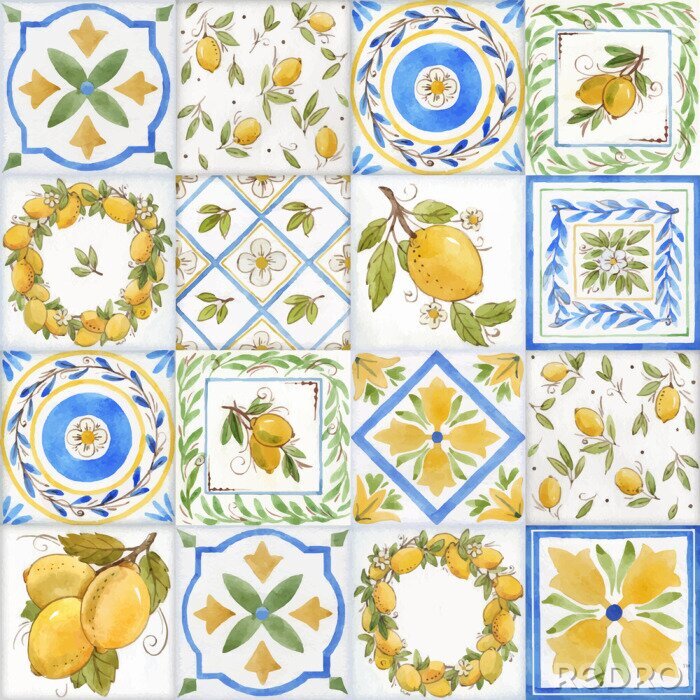 Canvas Betegeld mozaïek met olijven en bloemen