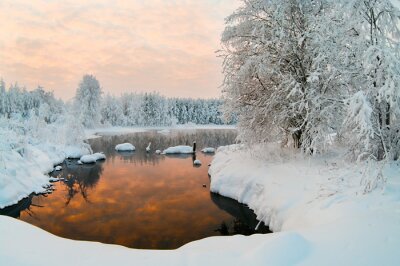 Canvas Bevroren meertje in de winter bossen van Karelië, Rusland