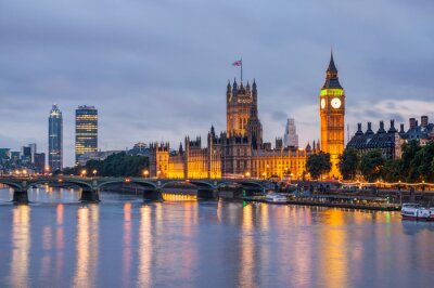 Canvas Big Ben en Westminster Bridge in de schemering, Londen, Verenigd Koninkrijk