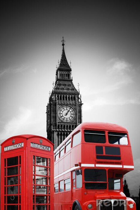 Canvas Big Ben in Londen mit roter Telefonzelle und Bus