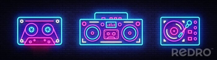 Canvas Big collection neon sing. Retro muziek neon symbolen ontwerpelementen. Back to 80-90s light banner, moderne trendontwerpstijl. Helder bord, nachtreclame. Vector illustratie
