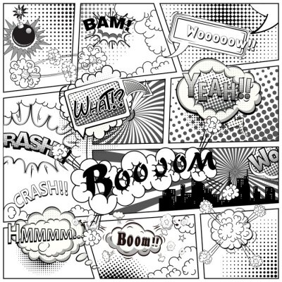 Canvas Black and white comic book page divided by lines with speech bubbles and sounds effect. Illustration.