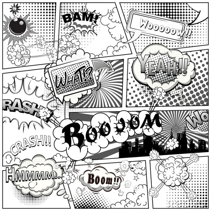 Canvas Black and white comic book page divided by lines with speech bubbles and sounds effect. Illustration.