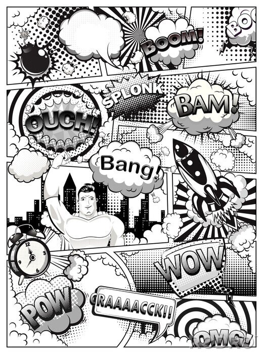 Canvas Black and white comic book page divided by lines with speech bubbles, rocket, superhero and sounds effect. Illustration