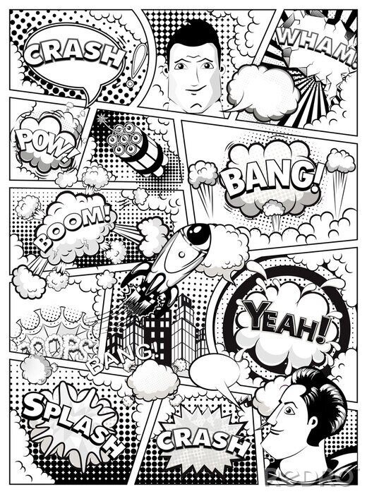 Canvas Black and white comic book page divided by lines with speech bubbles, rocket, superhero and sounds effect. Illustration