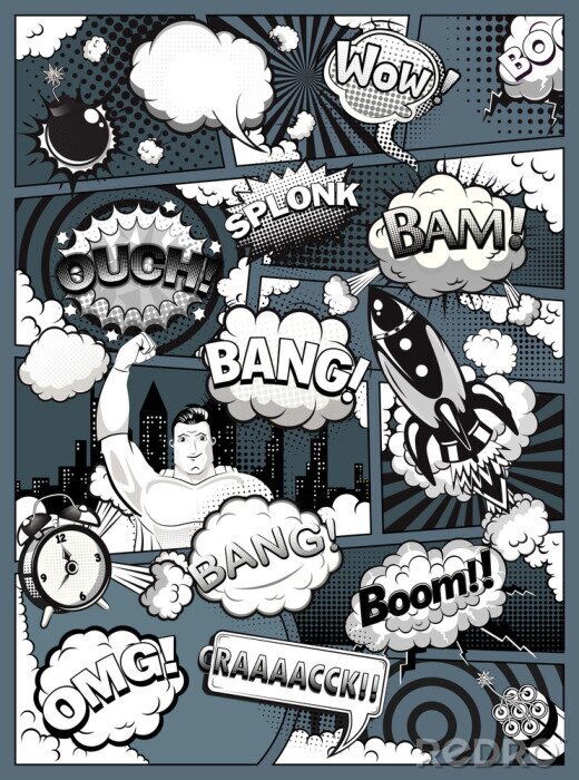 Canvas Black and white comic book page divided by lines with speech bubbles, rocket, superhero and sounds effect. Retro background mock-up. Comics template on dark background. Vector illustration
