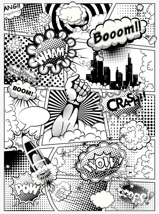 Canvas Black and white comic book page divided by lines with speech bubbles, rocket, superhero hand and sounds effect. Illustration