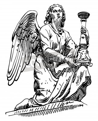 Canvas black and white sketch drawing of marble statue angel from Rome, Italy, vector illustration