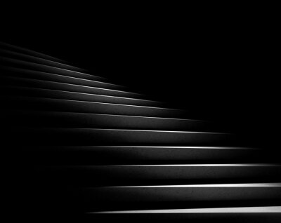 Canvas Black background. Stone stairs with abstract light. Steps in the darkness. 3D rendering