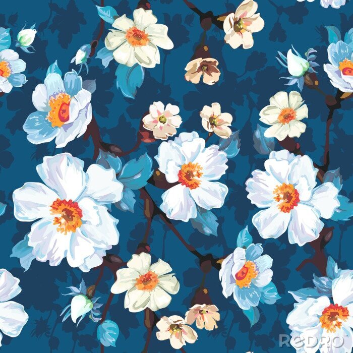 Canvas Blauw Bloemen Naadloos Patroon