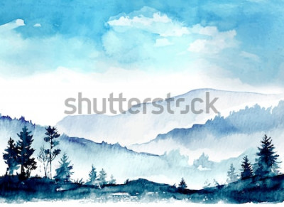 Canvas Blauwe aquarel bergen