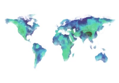 blauwe en groene kaart van de wereld, aquarel