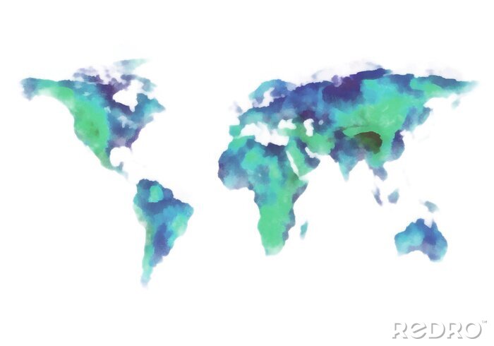 Canvas blauwe en groene kaart van de wereld, aquarel