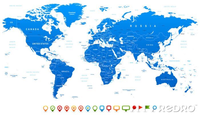Canvas Blauwe navigatie wereldkaart