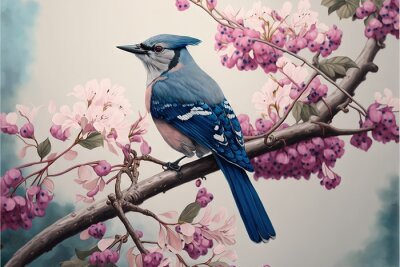 Canvas Blauwe vogel op een tak van de lenteboom