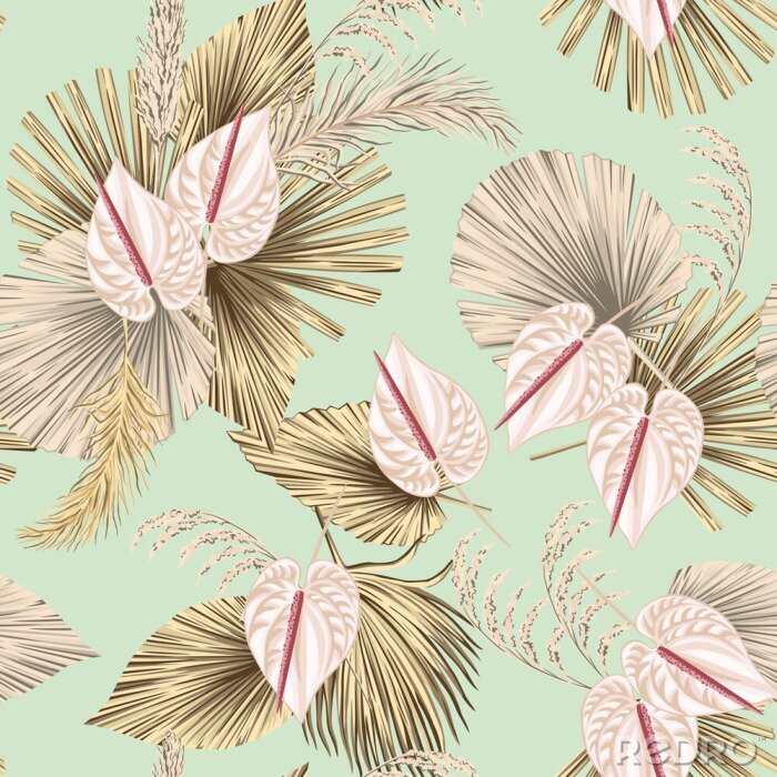 Canvas Bloemen en palmbladeren