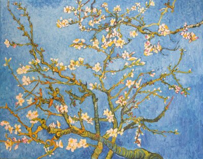 Canvas Blossoming Almond Tree. Beautiful oil painting on canvas. Based on the great painting by Van Gogh, 1890. Brush strokes and canvas textures