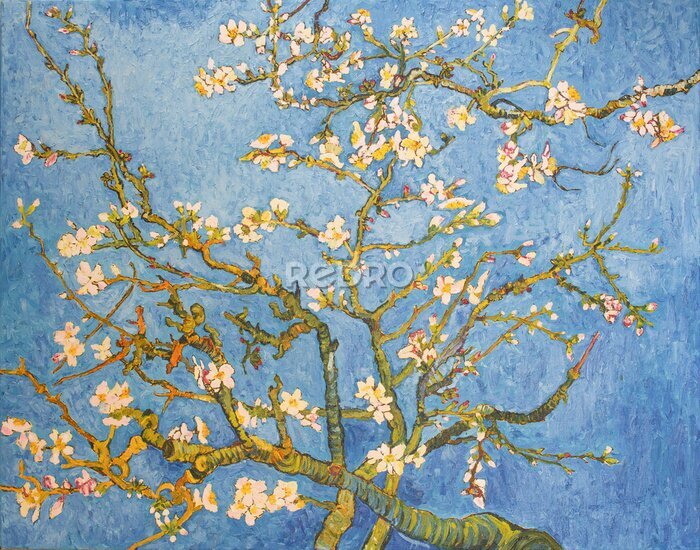 Canvas Blossoming Almond Tree. Beautiful oil painting on canvas. Based on the great painting by Van Gogh, 1890. Brush strokes and canvas textures