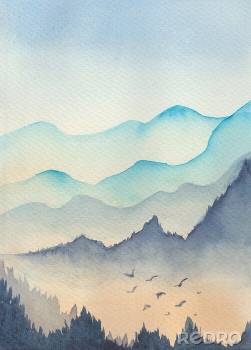 Canvas Blue mountains landscape in the fog with bird