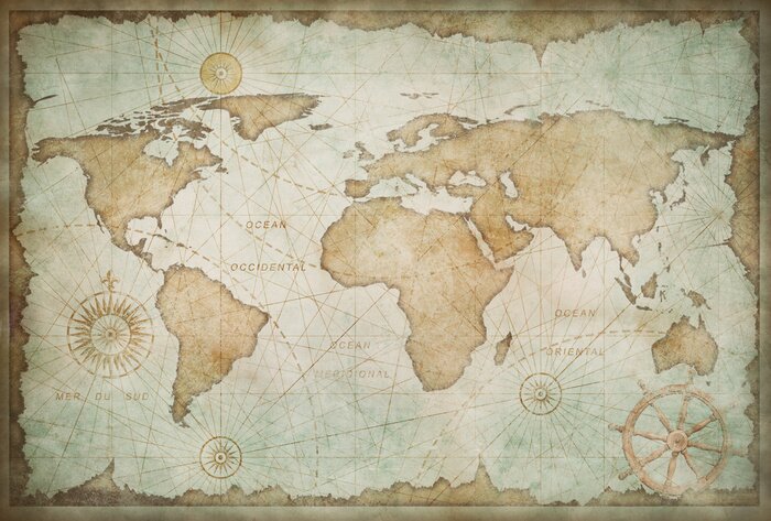 Canvas Blue worn vintage world map illustration
