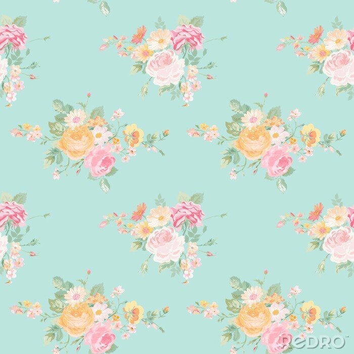 Canvas Boeketten van kleurrijke bloemen in shabby chic stijl