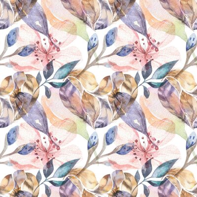 Canvas Boho seamless watercolor pattern of feathers and wild flowers, leaves, branches flowers, illustration, love and feathers, bohemian decoration spring blossom