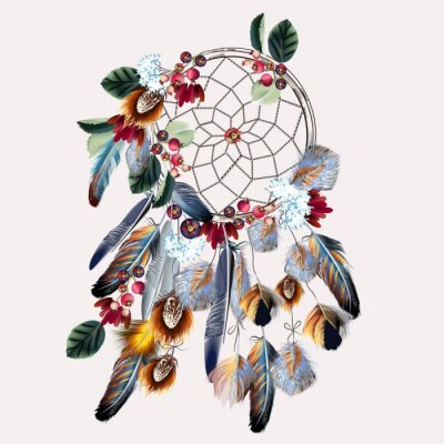 Canvas Boho vector fashion illustration with dreamcatcher, colorful feathers, leaves