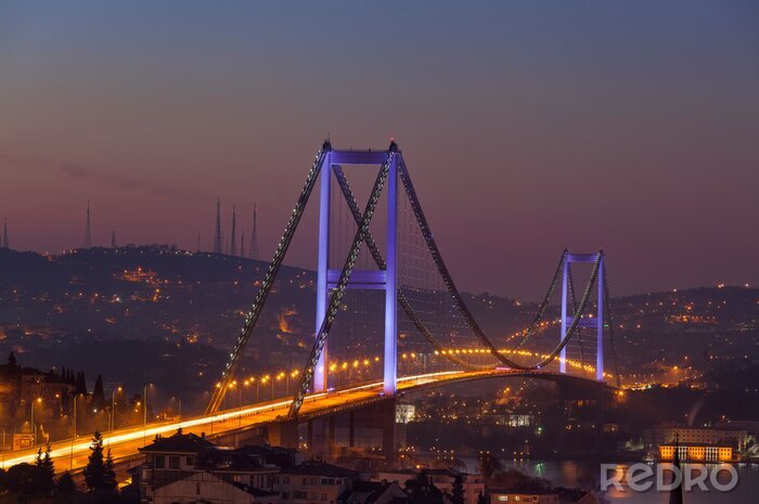 Canvas Bosporus-brug en verkeer 's nachts