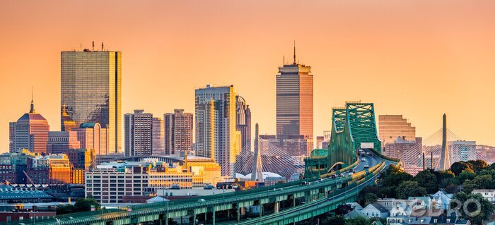 Canvas Boston skyline en brug bij zonsondergang