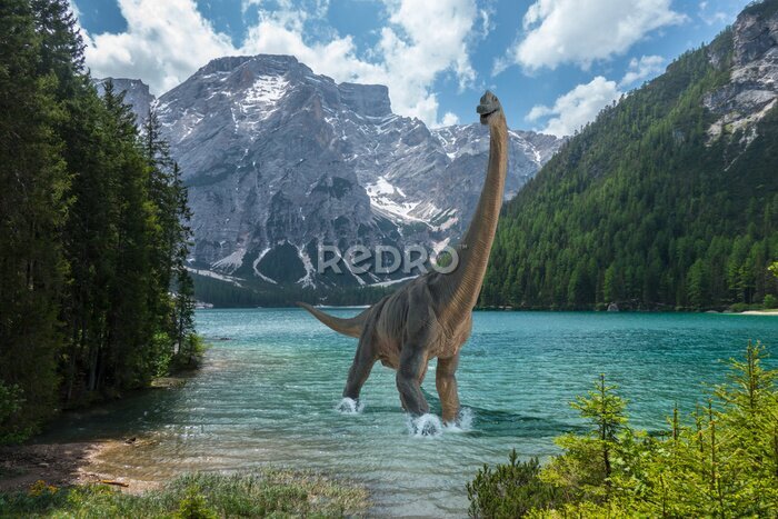 Canvas Brachiosaurus in een bergmeer