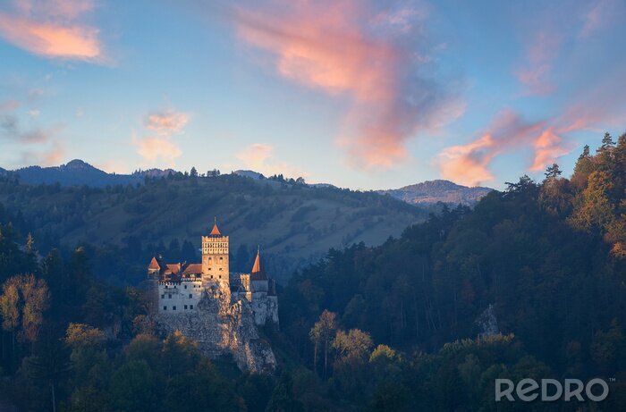 Canvas Bran or Dracula Castle in Transylvania, Romania. The castle is located on top of a mountain,