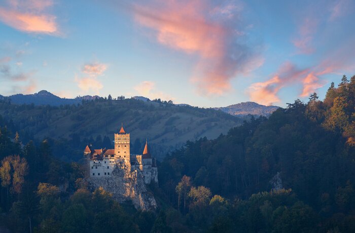 Canvas Bran or Dracula Castle in Transylvania, Romania. The castle is located on top of a mountain,