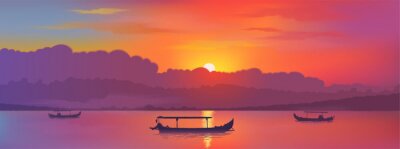 Canvas Bright colors sunset sky with sun reflection in lake with traditional fisherman asian boats silhouettes, vector banner illustration