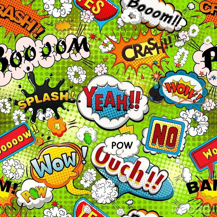 Canvas Bright comics tekstballonnen op een groene achtergrond naadloze patroon illustratie
