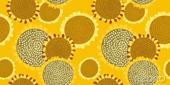 Canvas Bright seamless pattern with sunflowers on a rich yellow background. Abstract floral print in hand-drawn style. Excellent design for fabrics, Wallpaper, sunflower oil packaging, health food...Vector.