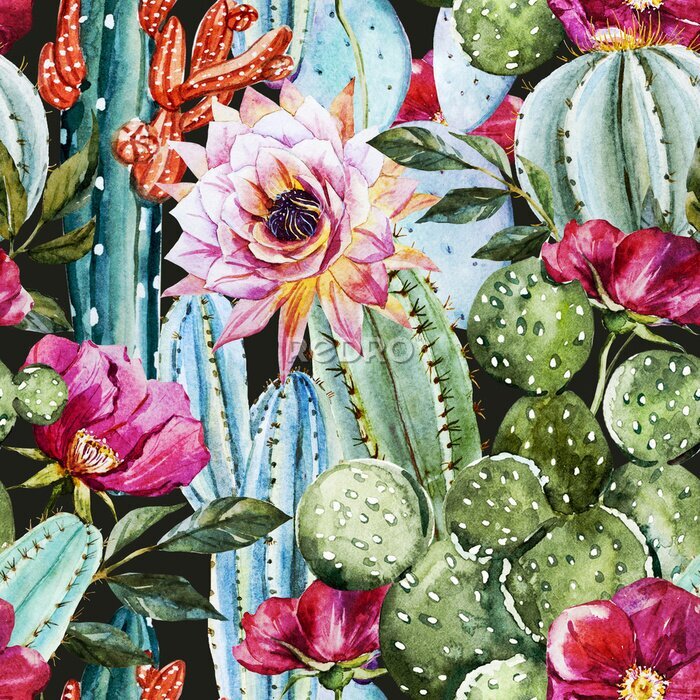 Canvas Cactussen tussen kleurrijke bloemen geschilderd in aquarel