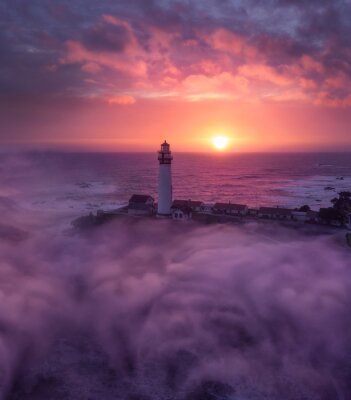Canvas California Lighthouse & Fog zonsondergang