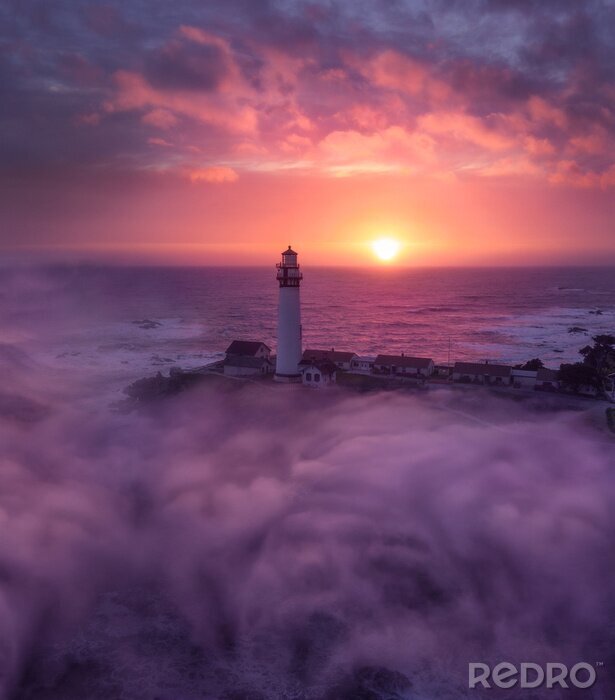 Canvas California Lighthouse & Fog zonsondergang