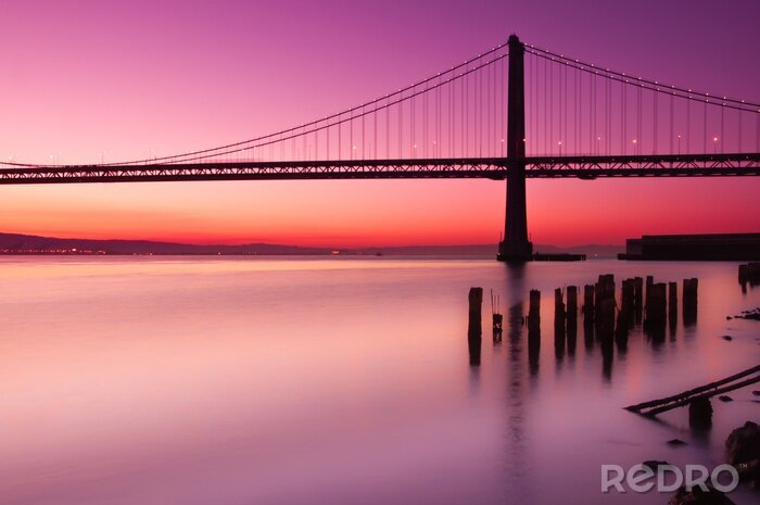Canvas Californië en zonsondergang over de Bay Bridge