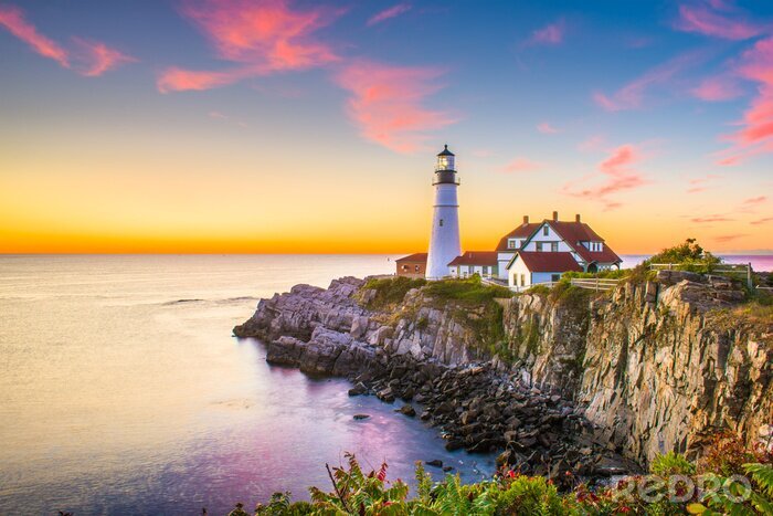 Canvas Cape Elizabeth, Maine, Verenigde Staten bij Portland Head Light bij dageraad.