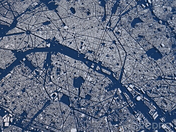 Canvas Cartina Parigi, vista satellitare, Sezione 3d, strade e vie, Francia
