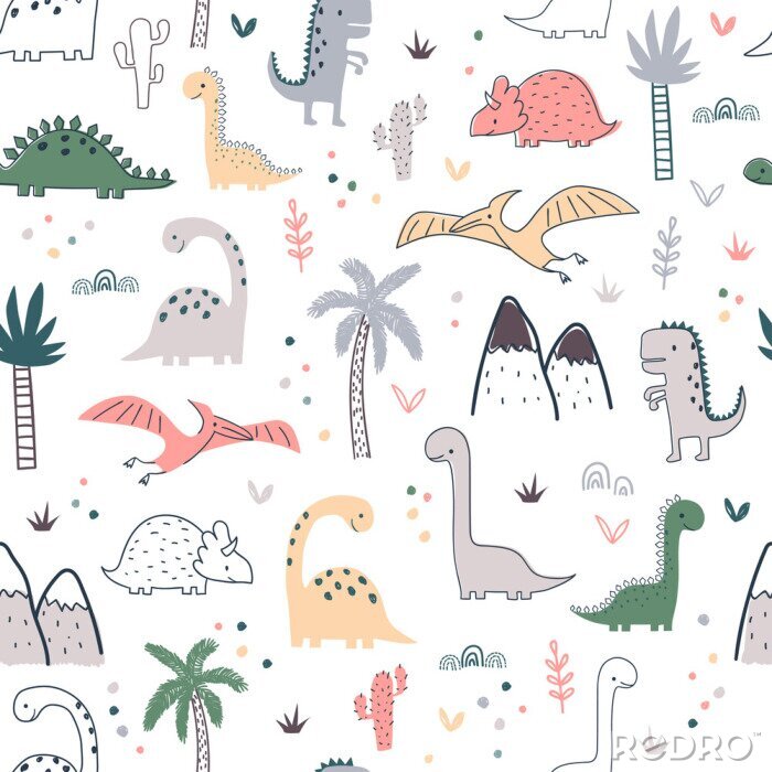 Canvas Cartoon seamless pattern with dinosaurs and palm trees
