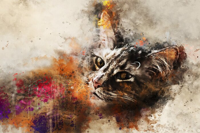 Canvas Cat kunst. Mooi abstract kattenkunstwerk - waterverftekening, gemengde media. Het gezicht van een kat in een eigentijdse stijl van abstracte kunst.