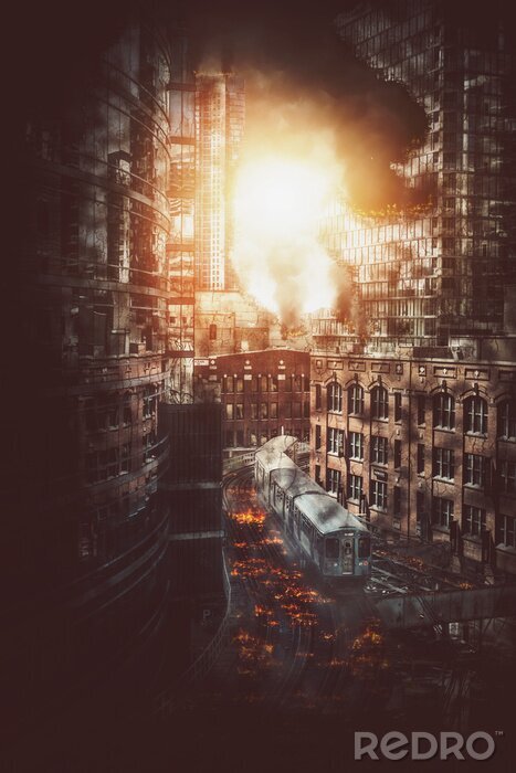Canvas Catastrofale stadsexplosie met brandend puin