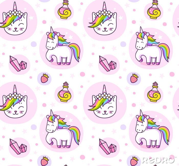 Canvas Cats, unicorns and magic crystals. Cute seamless pattern for wallpaper, textile, fabric, print, bed linen. Vector illustration.