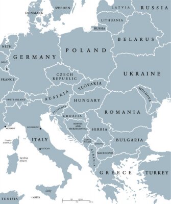 Centraal-Europese landen de politieke kaart met landsgrenzen. Grijs illustratie met Engels etikettering en scaling op een witte achtergrond.