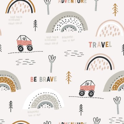 Childish seamless pattern with doodle buggy car and hilly terrain. Background with abstract rainbows. Creative childish texture for fabric, wrapping, textile, wallpaper, apparel. Vector illustration.
